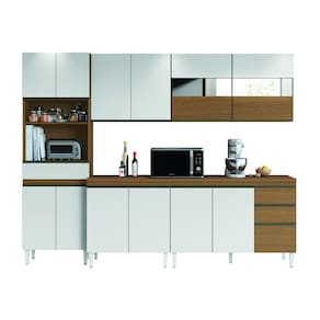 Armário de Cozinha Completa com Vidro Reflecta 13 Portas e 3 Gavetas Clara Atacama/Branco Aramóveis