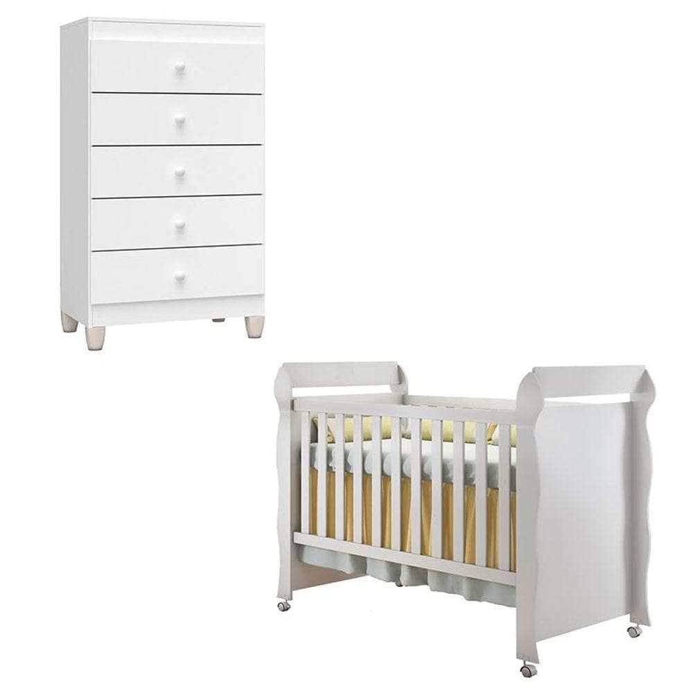 Berço Americano Mirelle E Cômoda Gaveteiro Ternura Baby Branco Brilho - Incorplac