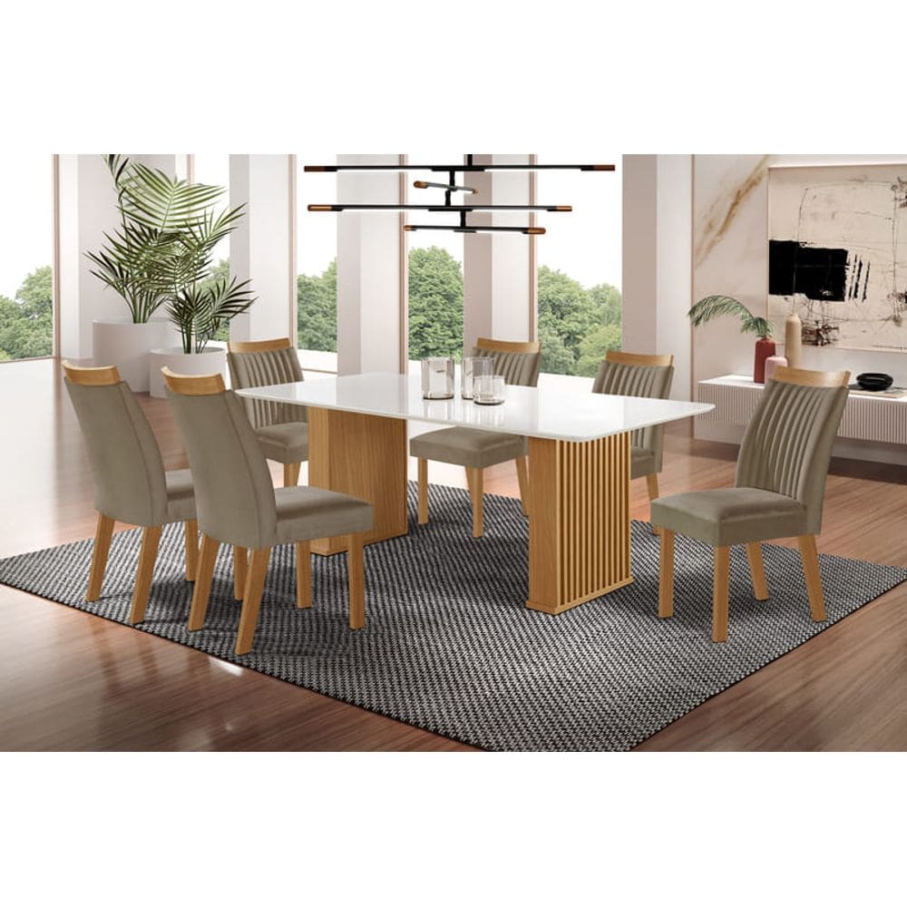 Sala de Jantar Ripada com Vidro 6 Cadeiras 1,80x0,90m - Imperatriz - LJ Móveis