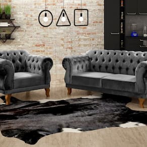 Sofá 2 e 1 Lugares Duquesa Decoração Sala Recepção Retrô Cinza grafite