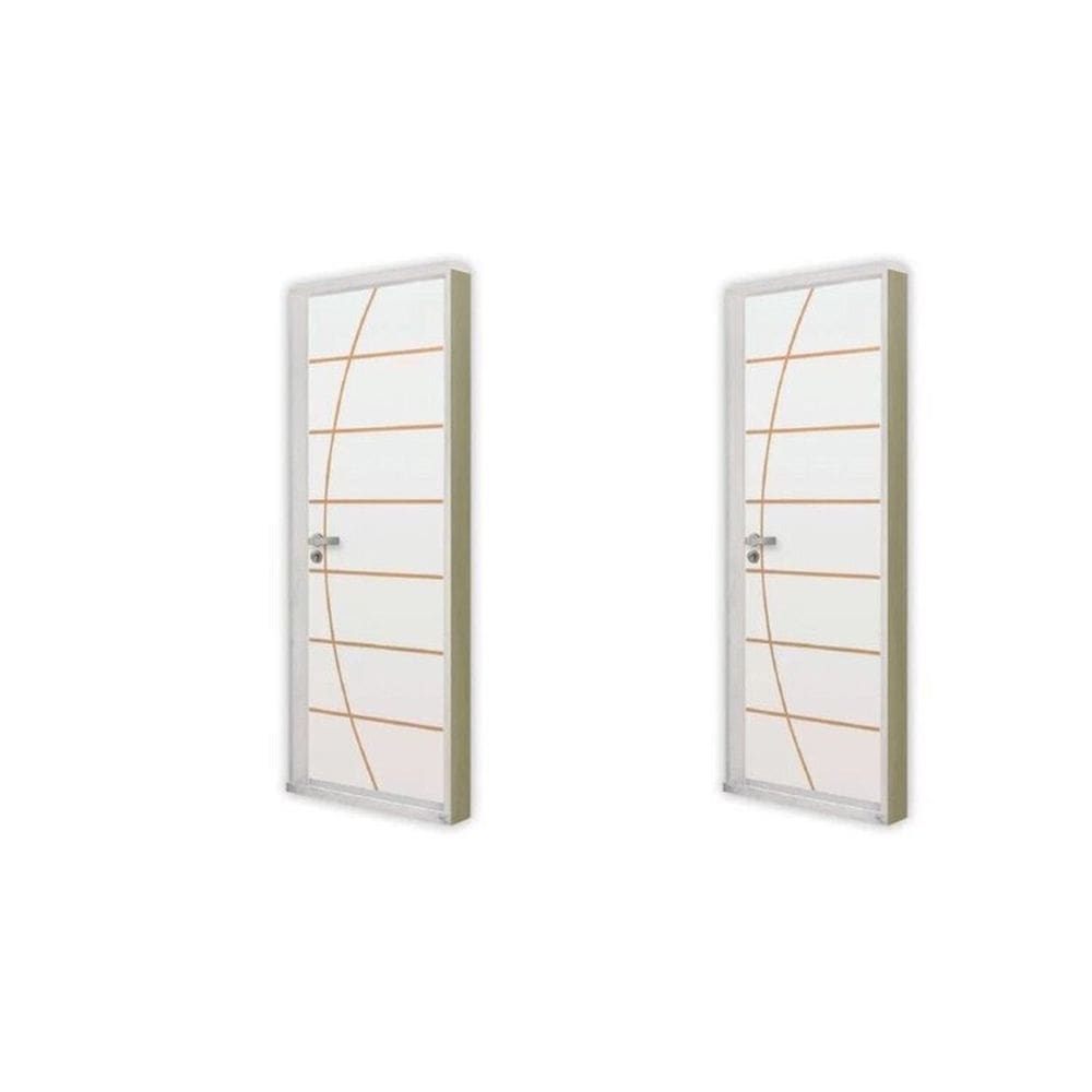 2 Kits Porta de Madeira Decorada 215x75cm com Batente de Aço 6cm Neblina Branco