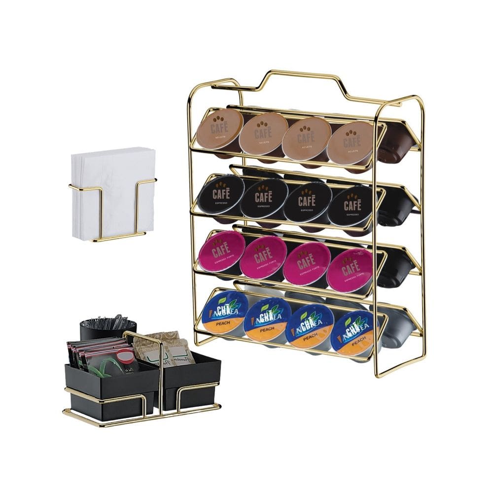 Kit Suporte Cápsulas Dolce Gusto + Porta Guardanapos Sachês Preto Dourado - Future
