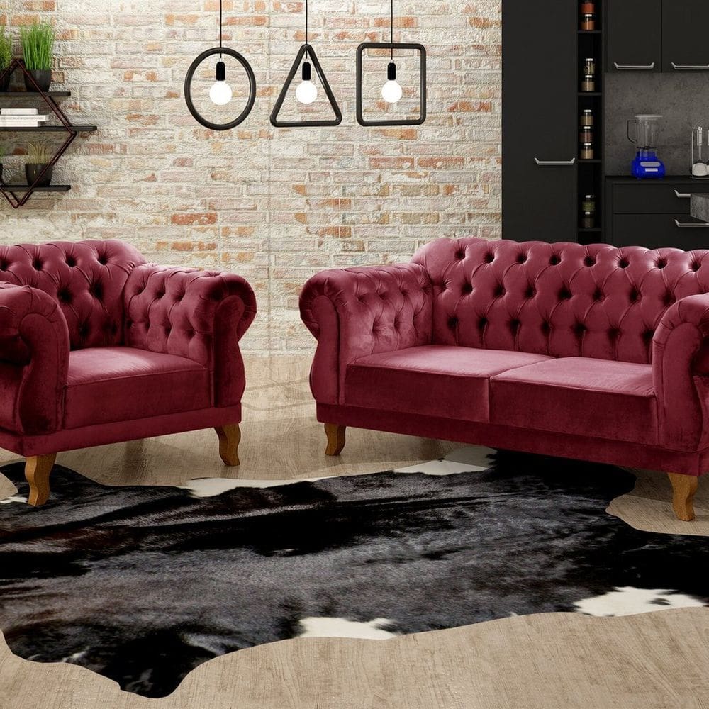 Sofá 2 e 1 Lugares Duquesa Decoração Sala Recepção Retrô Bordô
