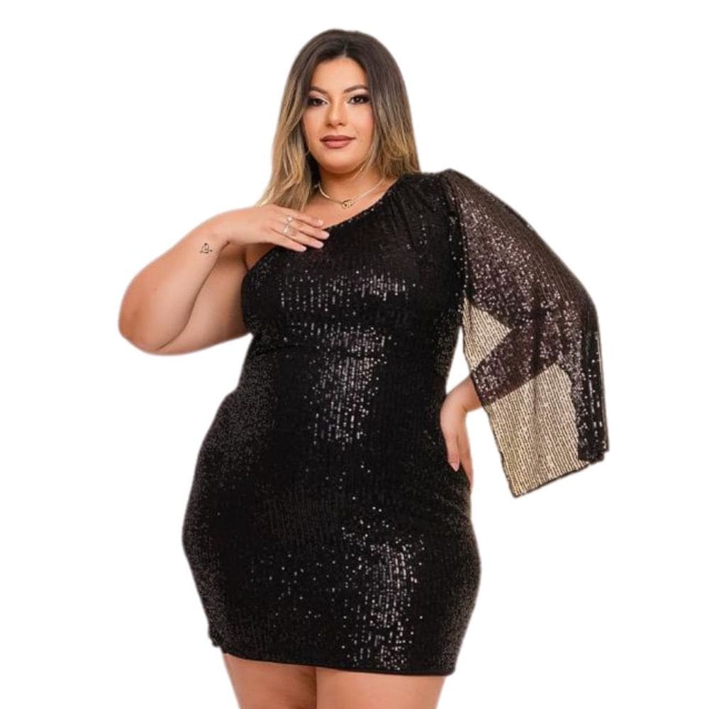 Vestido Plus Size Curto Paetê Manga Nula Festa Balada 0551