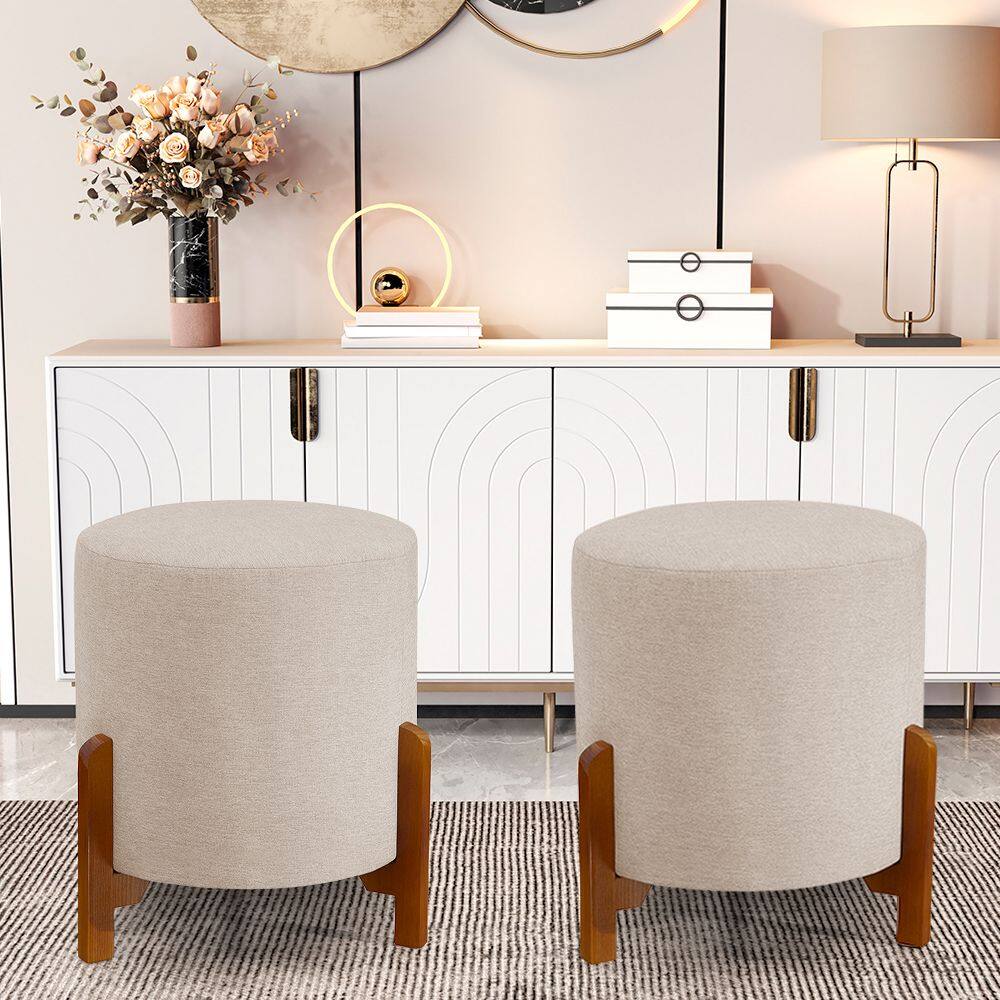 Kit 2 Puff Thor 3 Pés em Veludo Bege Base em Madeira