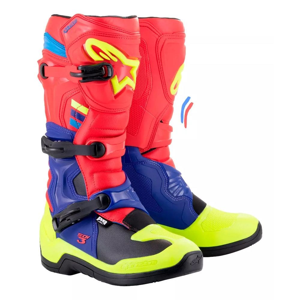 BOTA ALPINESTARS TECH 3 VERMELHO AZUL ESCURO AMARELO FLUO 10 (40/41BR)  Ean :8059347051611