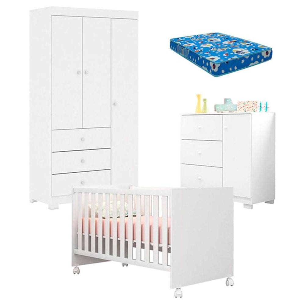 Quarto de Bebê Duda 3 Portas e Berço Americano Mini Cama Doce Sonho 100 Branco Brilho com Colchão Ortobom – Phoenix Baby