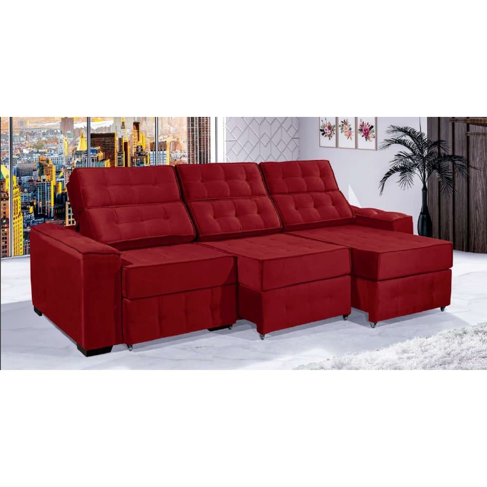 Sofá Retrátil e Reclinável 2,90m ESTILO ESTOFADOS - PARIS 3 módulos com Velusoft D33 "VERMELHO"