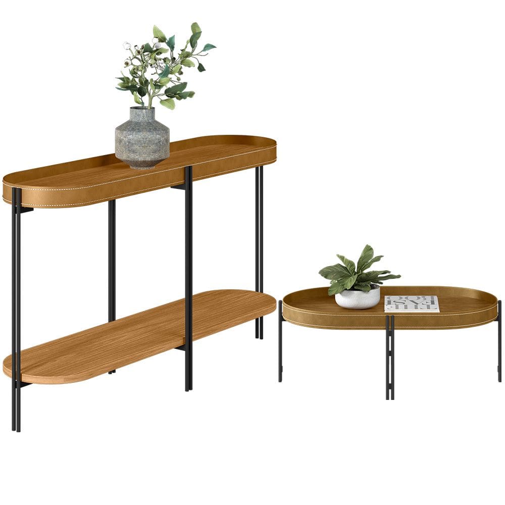 Conjunto Aparador Para Sala De Estar Com Mesa De Centro Nord L05 Nature Preto - Lyam Decor
