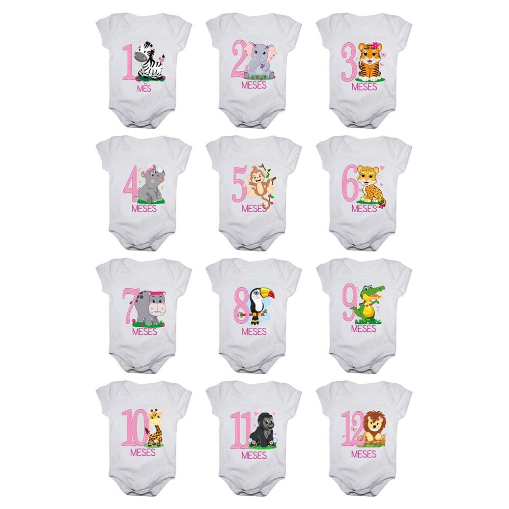 Kit body de bebê mesversario manga curta safari menina 12 bodies 1 a 12 meses