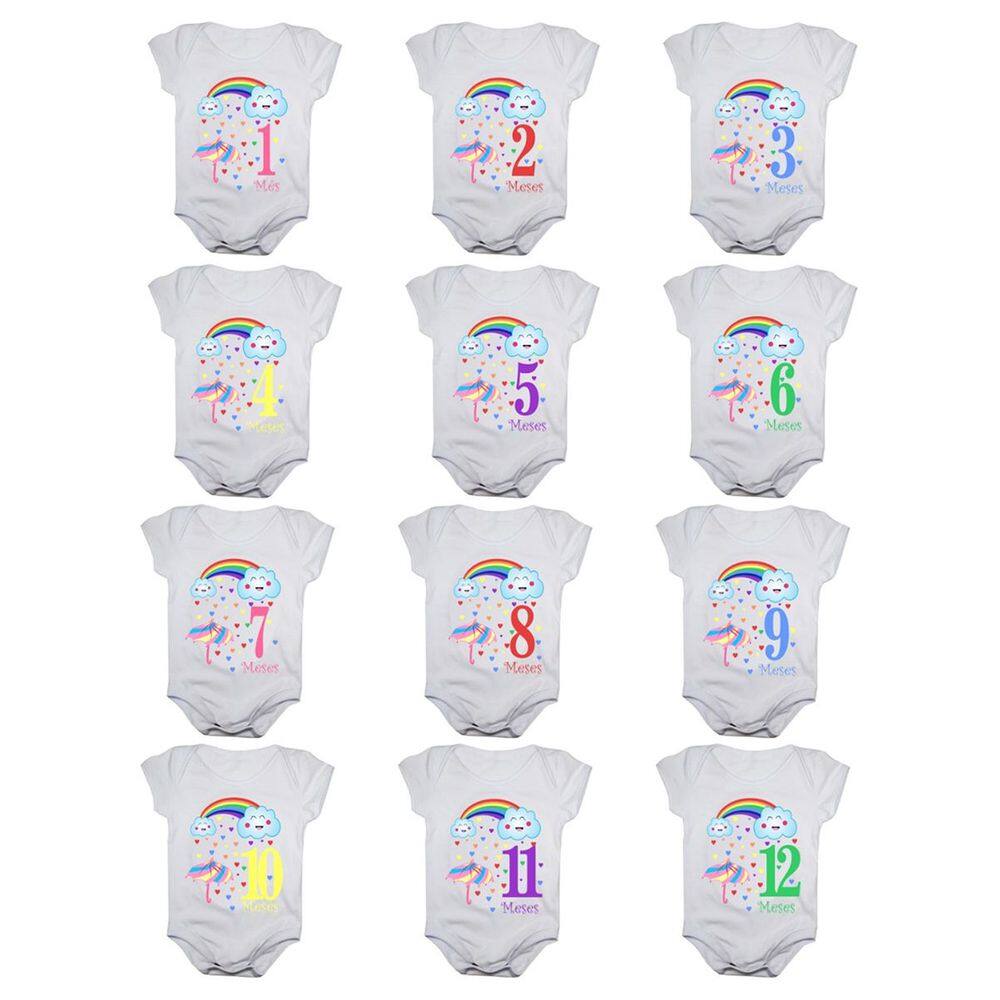 Kit body bebê mesversario manga curta estampa chuva de benção 12 bodies 1 a 12 meses