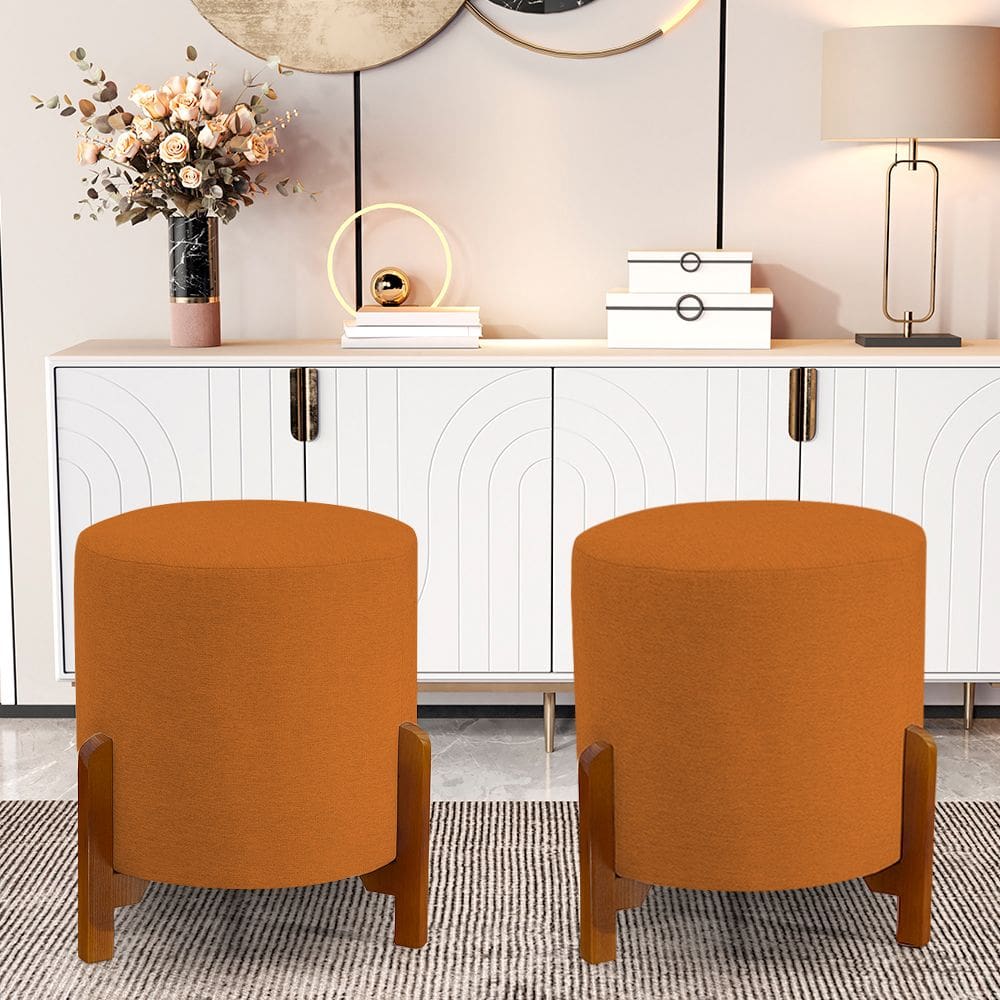 Kit 2 Puff Catânia em Veludo Terracota Base em Madeira