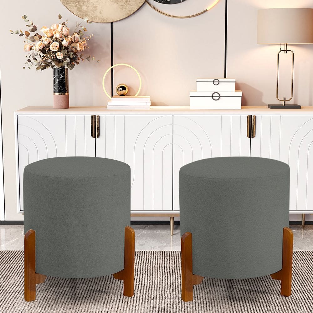 Kit 2 Puff Catânia em Linho Cinza Base em Madeira