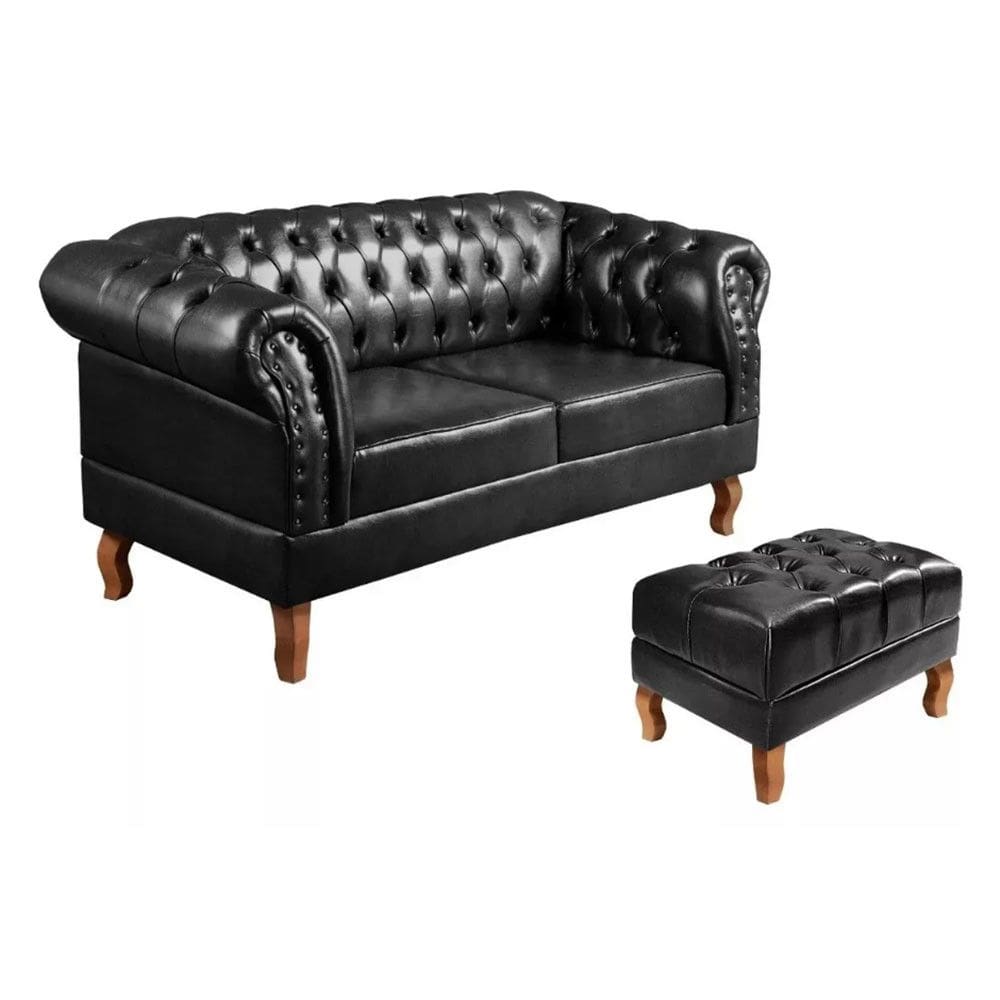 Sofá Dom Pedro Chesterfield 2 Lugares E Puff Captonê Couríssimo Bella Decor