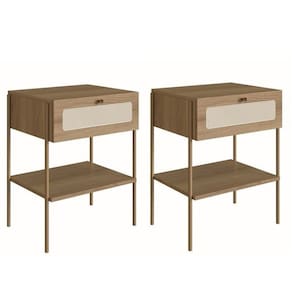 Kit 2 Mesas de Cabeceira 1 Gaveta Palhinha Pé Metal Dourado Oslo Hannover