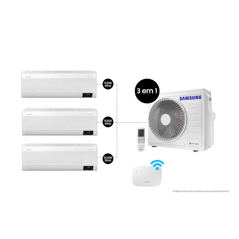 Tri-Split Samsung WindFree 28.000 BTUs (Hi Wall 2x9.000 e 1x12.000) Quente/Frio com WiFi 220V