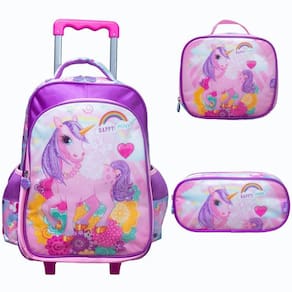 Kit Mochila De Rodinhas + Lancheira Térmica + Estojo Happy Pony Yins Rosa