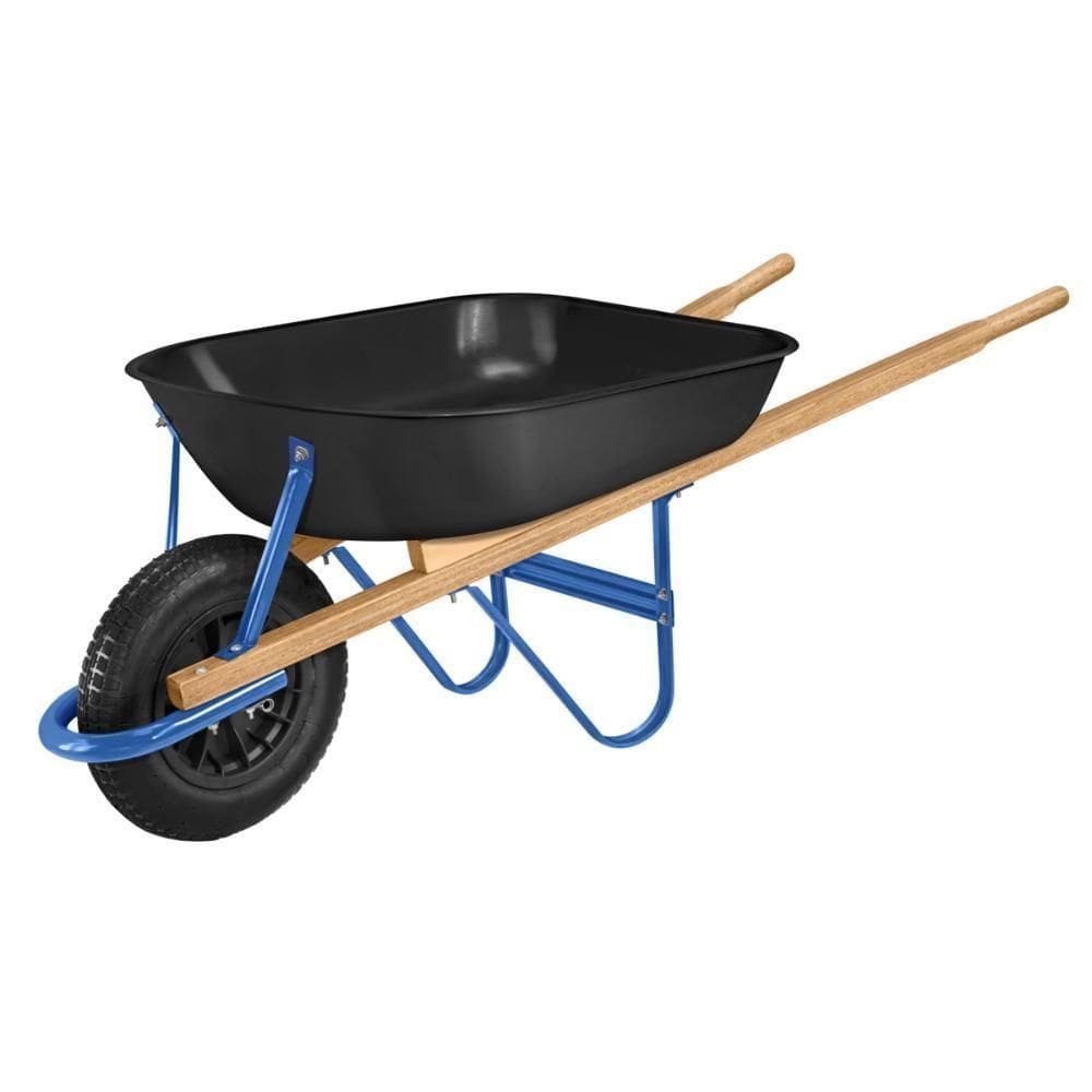 Carrinho De Mão Tramontina Com Caçamba Rasa Plástica Preta 50 L, Braço De Madeira E Pneu Com Câmara