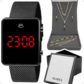 Relogio Feminino Preto Digital + Colar + Brincos + Caixa Casual Presente Silicone Pulseira Ajustável