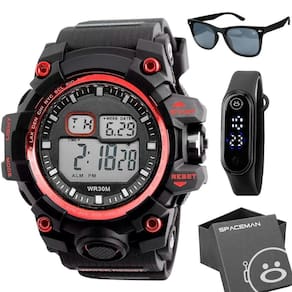 Relogio Digital Prova Dagua + Oculos Proteção Uv Ajustavel Preto Alarme Esportivo Cronometro Vemelho