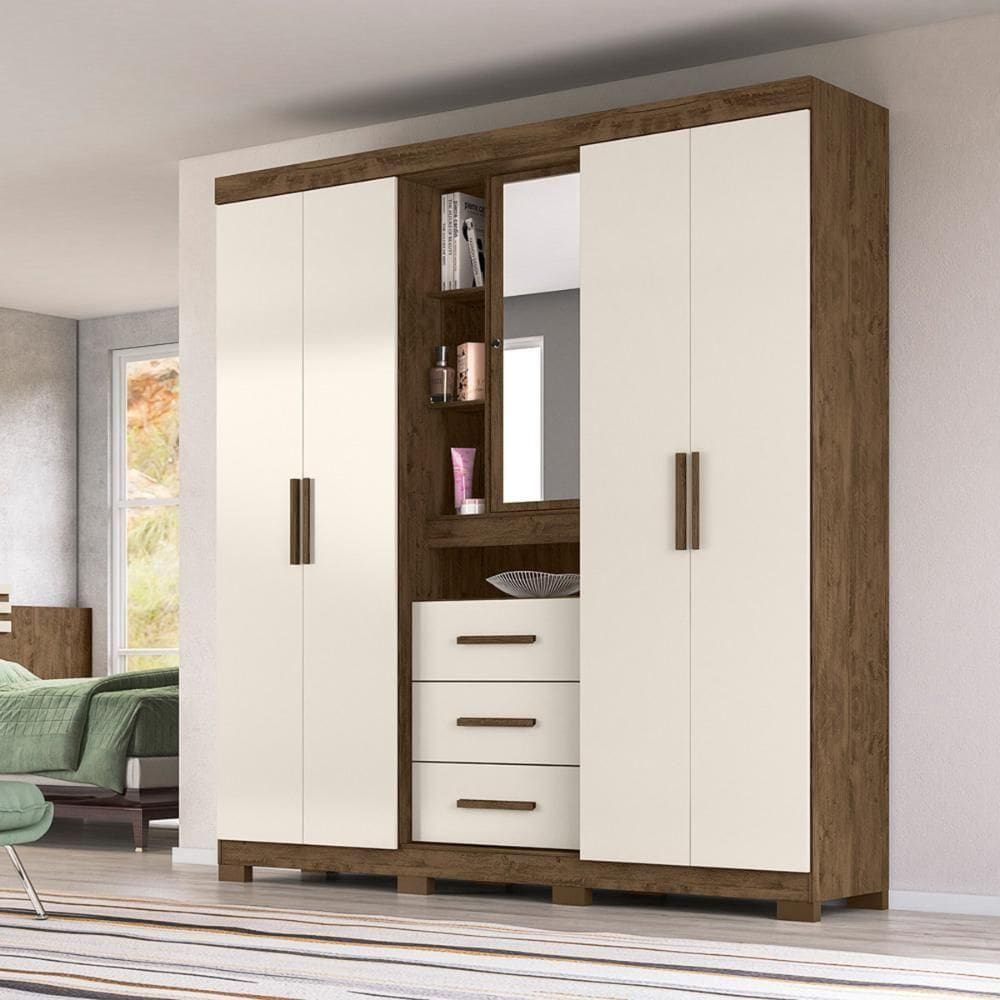 Guarda Roupa Casal 4 Portas Com Espelho E 3 Gavetas Eldorado - Castanho Wood / Baunilha