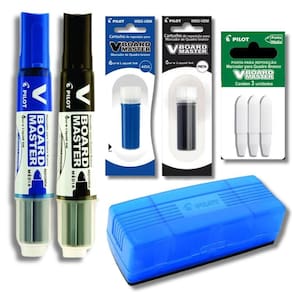 Kit 2 Marcadores Quadro Branco + 2 Refil Marcador + Apagador + Refil De Ponta Pilot Azul E Preto