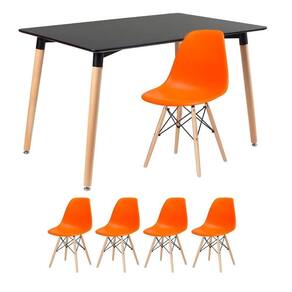Mesa De Jantar Retangular Eames 80 X 120 Cm Preto + 4 Cadeiras Eiffel Dsw Laranja
