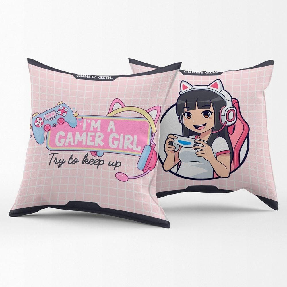 Par De Capas De Almofadas Estampadas Girl Gamer Rosa 45cm X 45cm Para Quarto