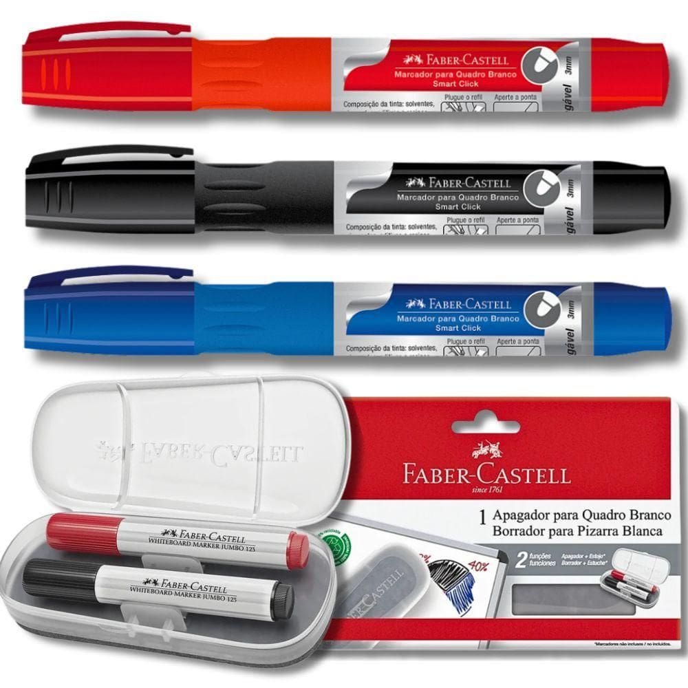 Kit 3 Marcadores Quadro Branco + Apagador Faber-castell Azul, Preto E Vermelho