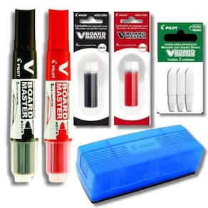 Kit 2 Marcadores Quadro Branco + 2 Refil Marcador + Apagador + Refil De Ponta Pilot Preto E Vermelho
