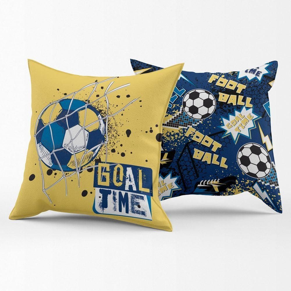 Par De Capas De Almofadas Estampadas Futebol Goal Amarelo-azul Marinho 45cm X 45cm Para Quarto
