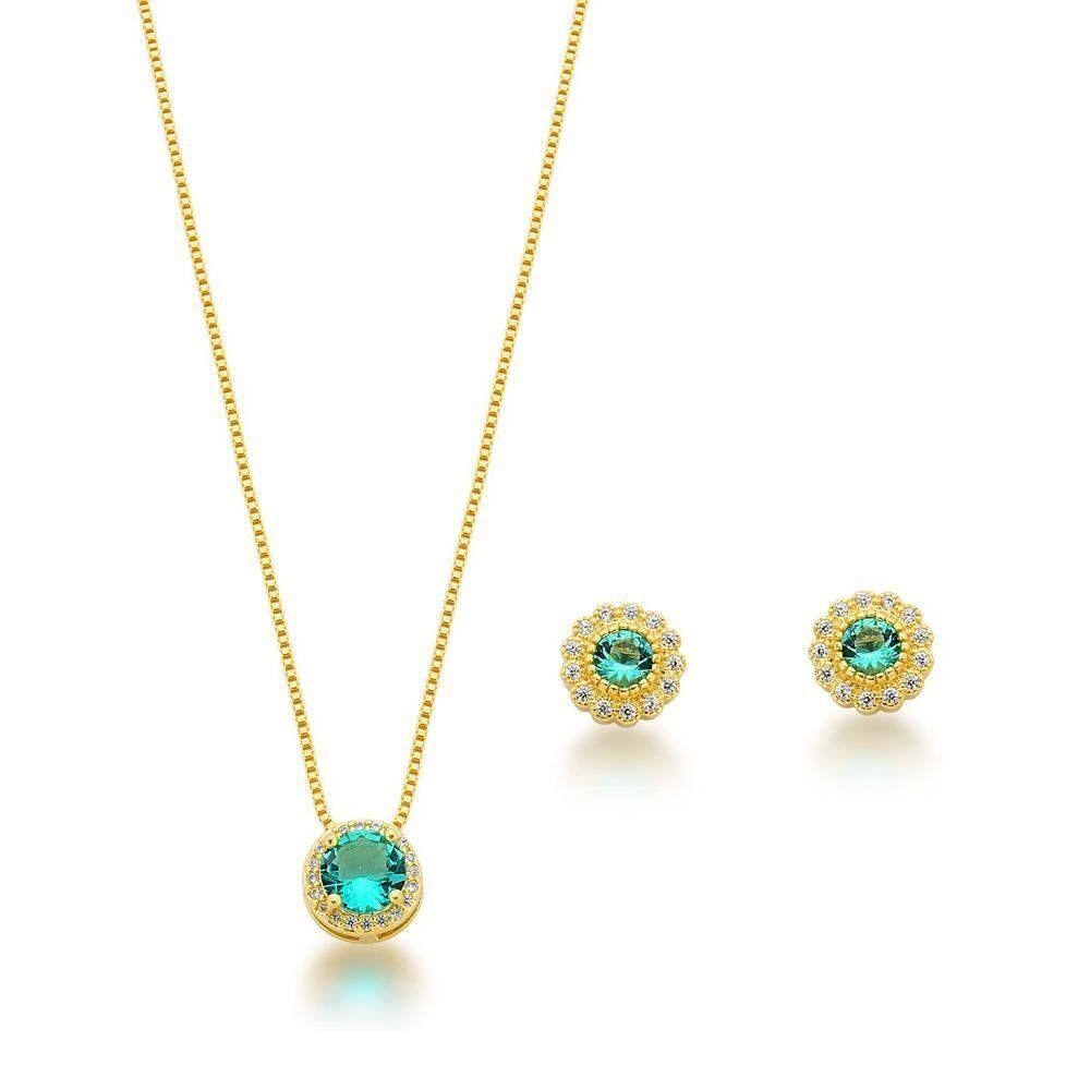 Conjunto Colar E Brincos Ponto De Luz Verde Banhado A Ouro 18k - Verde