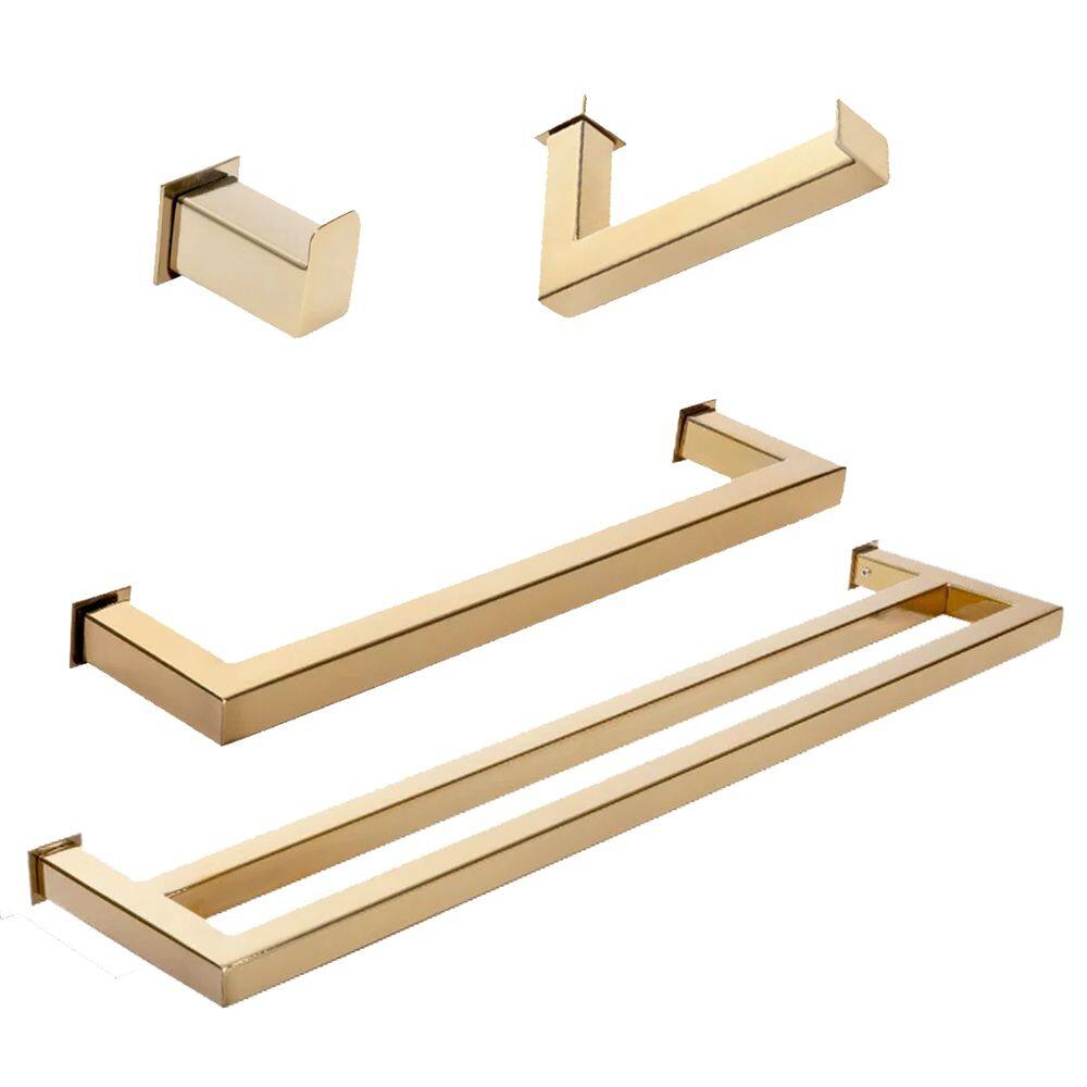 Kit de Acessórios Para Banheiro com 4 Peças em Aço Inox Dourado Linha Larissa com toalheiro duplo Stainless