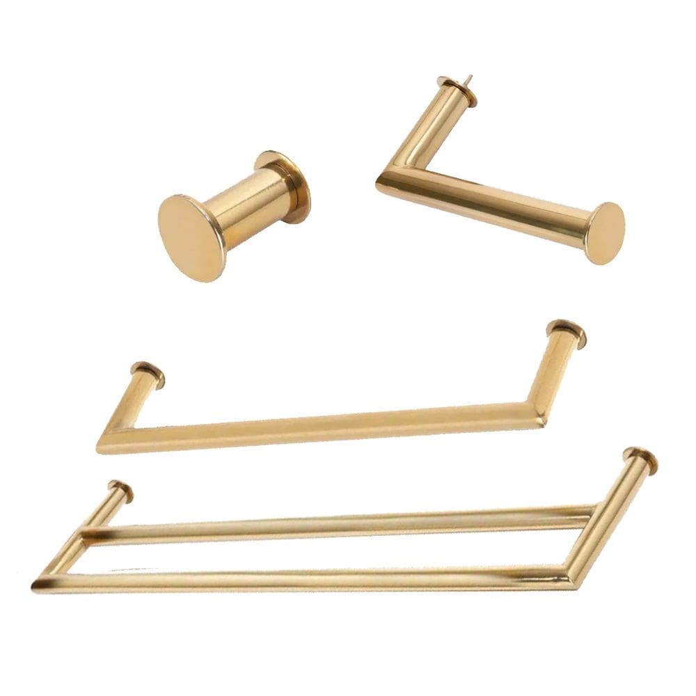 Kit de Acessórios Para Banheiro com 4 Peças em Aço Inox Dourado Linha Tessália com toalheiro duplo Stainless
