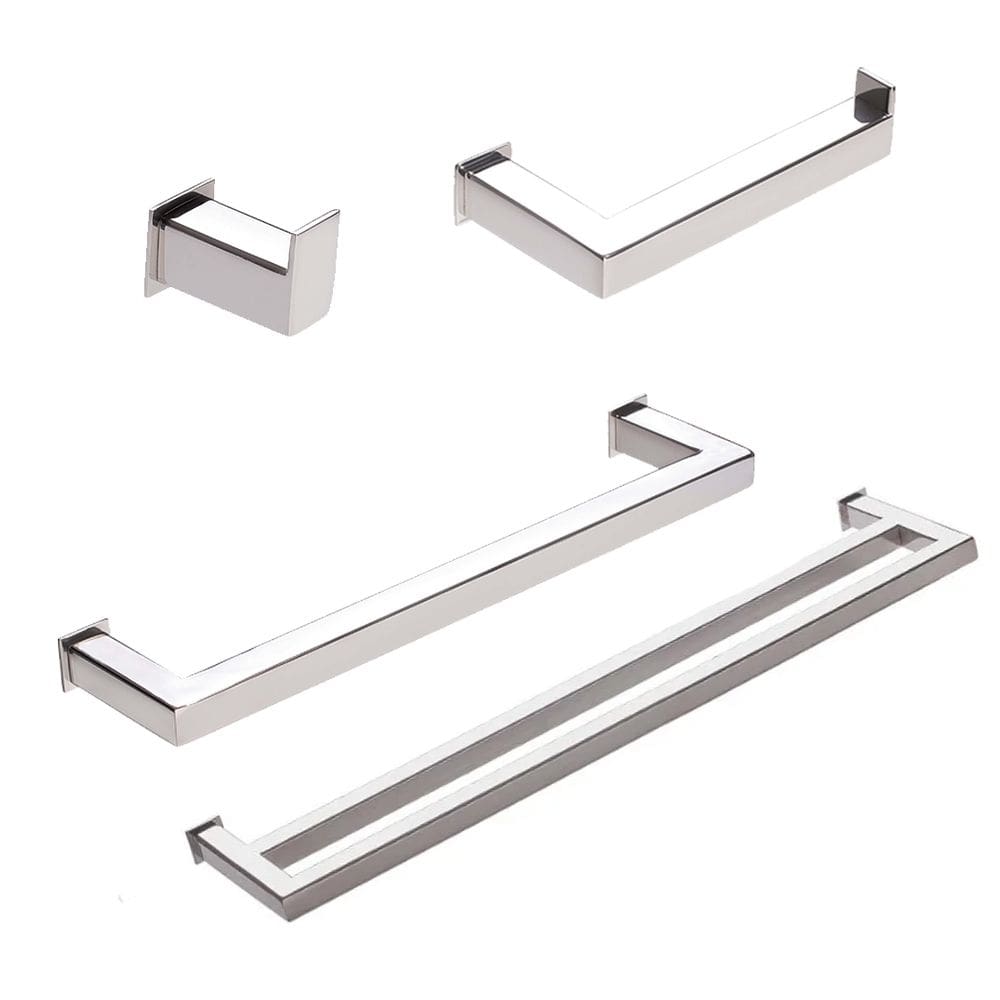 Kit de Acessórios Para Banheiro com 4 Peças em Aço Inox Polido Linha Larissa com toalheiro duplo Stainless