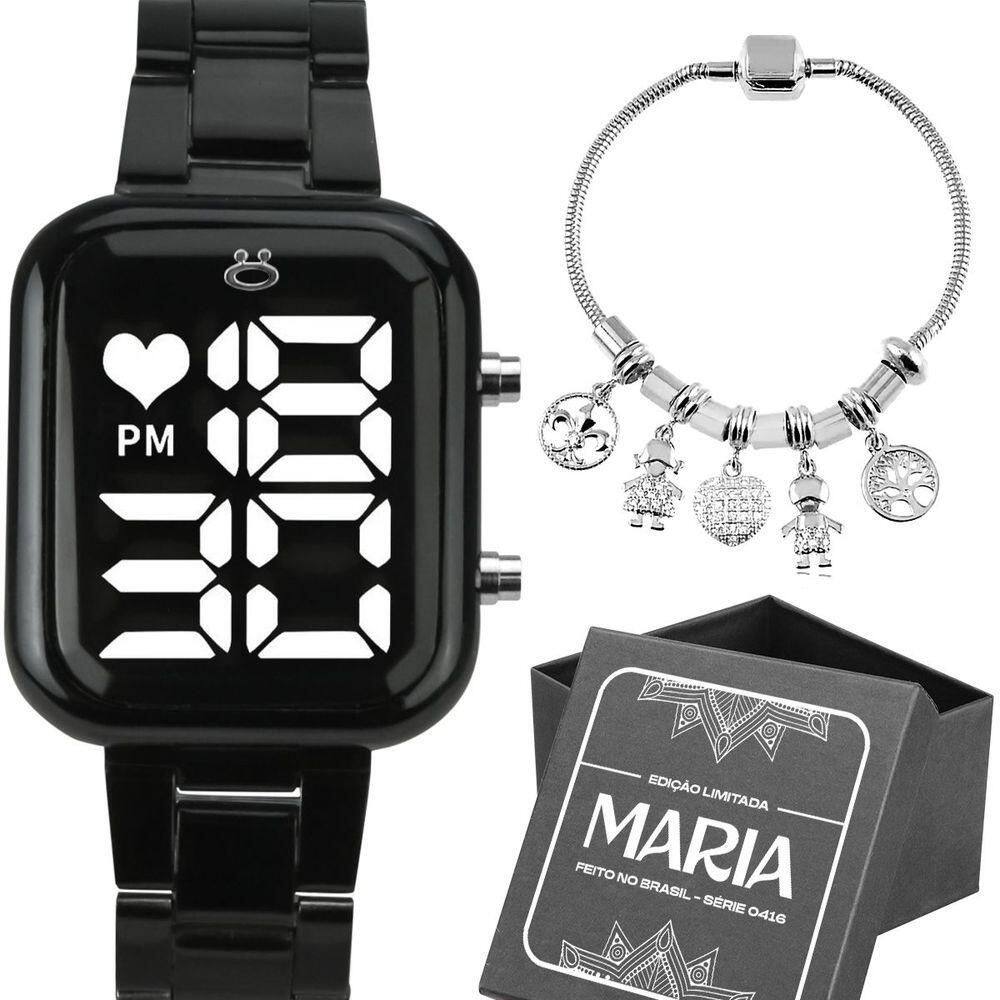 Relogio Digital Feminino Preto + Pulseira Pandora Casual
