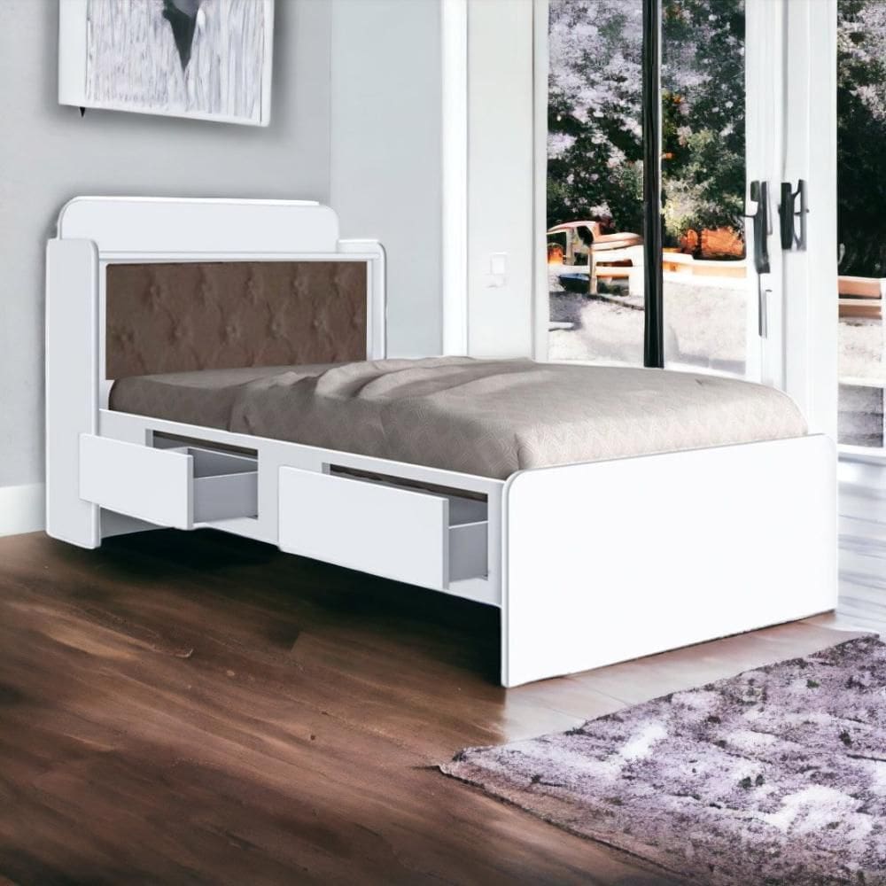 Cama Tamires Baú Branco com Capitonê Nogal