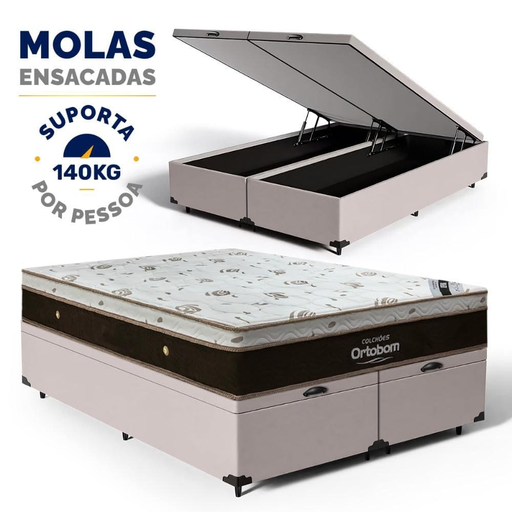 Cama Box Baú com Colchão de Molas Ensacadas Ortobom Sleep King Queen 158cm