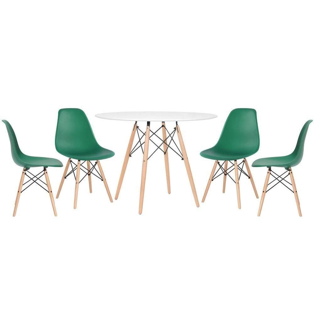 Mesa Redonda Eames 100 Cm Branco + 4 Cadeiras Eiffel Dsw Verde Escuro