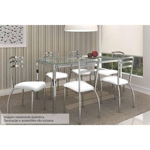 Sala De Jantar Completa Reno C- Tampo Vidro 150x80cm E 6 Cairas Portugal Cromada - Assento Branco
