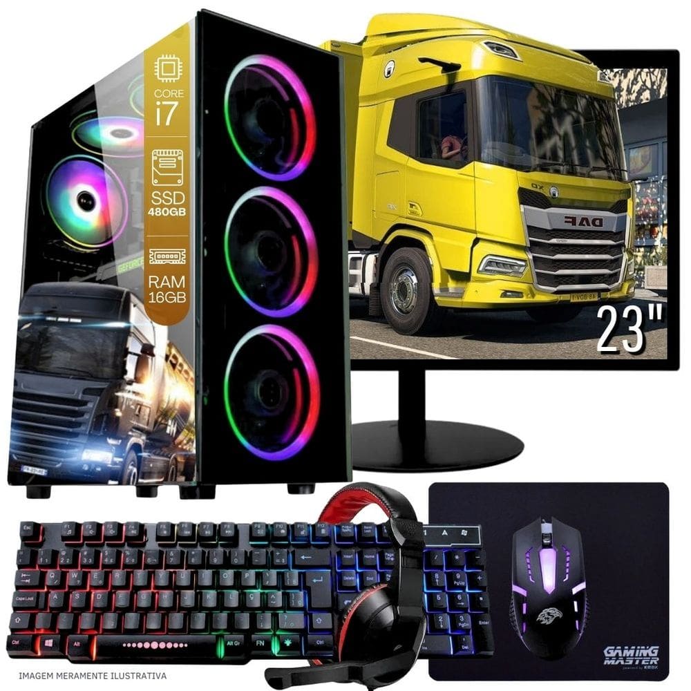 Computador Gamer Completo TOB Intel Core i7 SSD 480GB 16GB Teclado Mouse Mouse Pad e Headset Gamer Monitor 23" Windows 10 Pro Trial