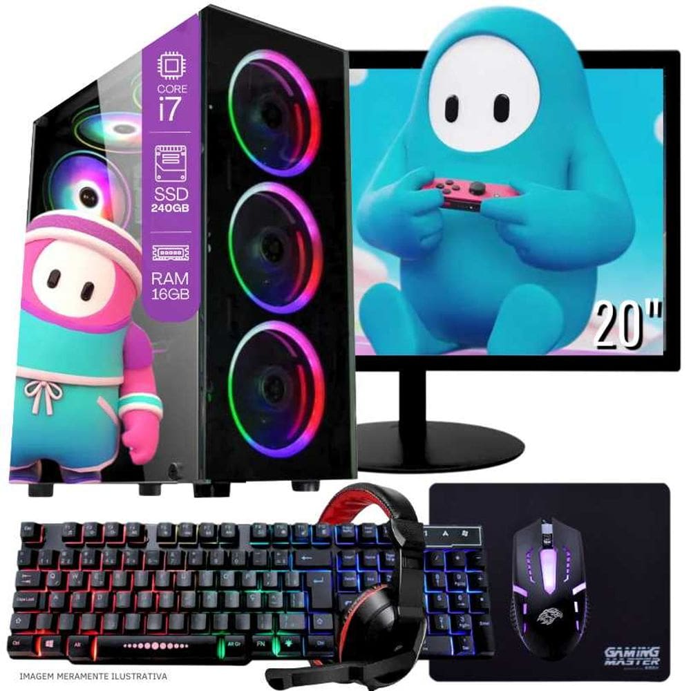 Computador Gamer Completo TOB Intel Core i7 SSD 240GB 16GB Teclado Mouse Mouse Pad e Headset Gamer Monitor 20" Windows 10 Pro Trial