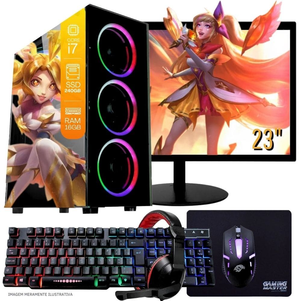 Computador Gamer Completo TOB Intel Core i7 SSD 240GB 16GB Teclado Mouse Mouse Pad e Headset Gamer Monitor 23" Windows 10 Pro Trial