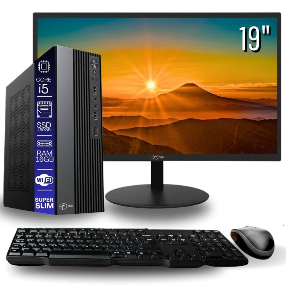 Computador TOB Slim Completo Compacto Intel Core i5 SSD 480GB Memória 16GB Teclado Mouse Monitor 19" Rede sem fio Windows 10 Trial