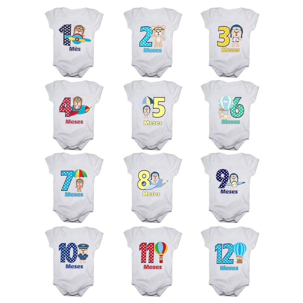 Body de Bebê Mesversario Ursinho Aviador Kit Com 12 Bodies de 1 a 12 Meses