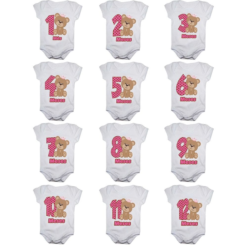 Kit body bebê mesversario manga curta ursinha com coroa 12 bodies 1 a 12 meses