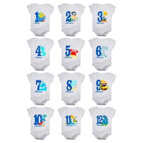 Kit body mesversario manga curta fundo do mar 12 bodies de 1 a 12 meses