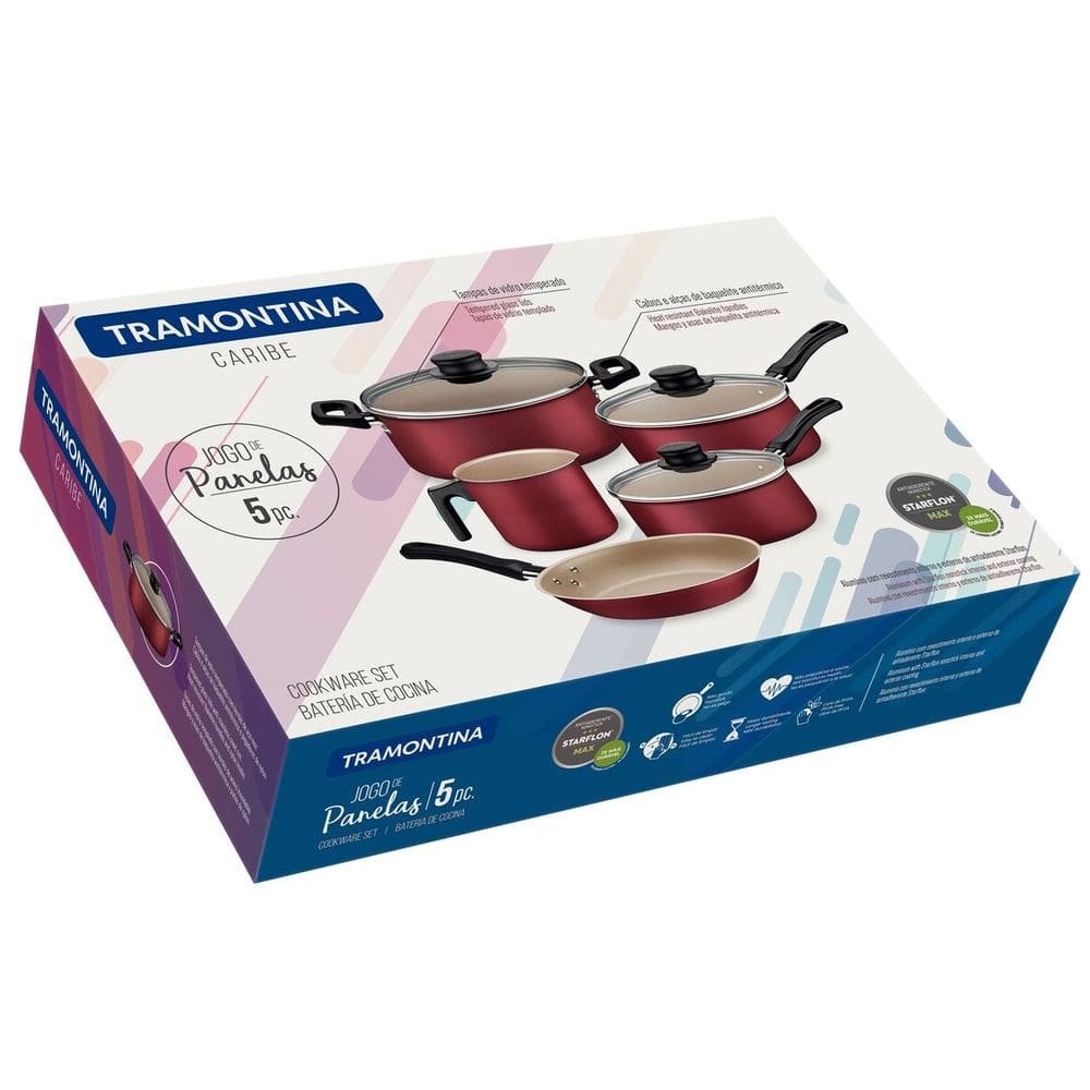 Kit Jogo de Panela Caribe 5 Peças Antiaderente Vermelho Tramontina