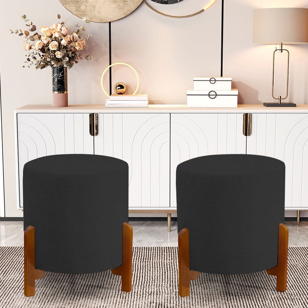 Kit 2 Puff Catânia em Veludo Preto Base em Madeira