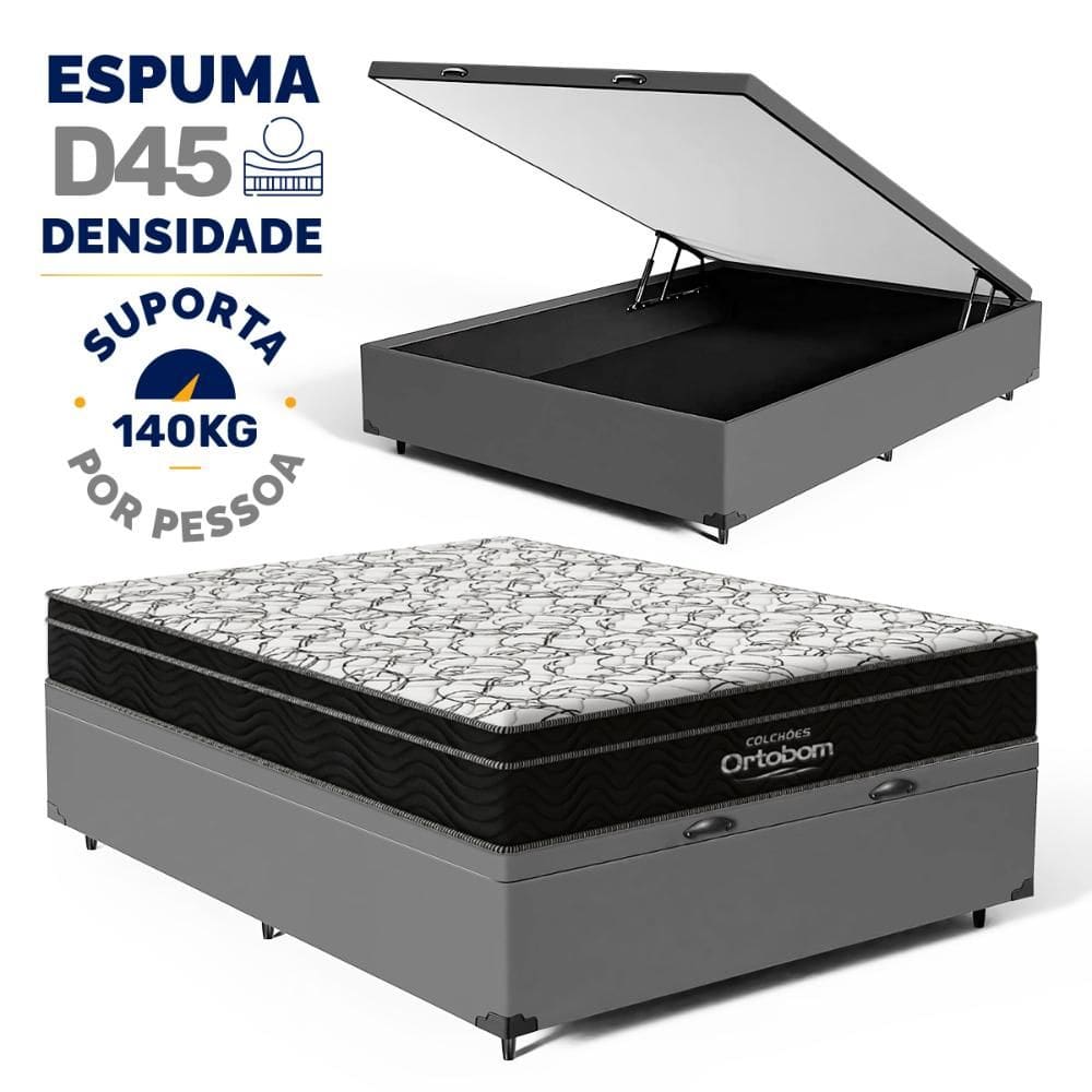 Cama Box Baú com Colchão de Espuma D45 Ortobom Airtech Ortopillow 150 Casal 138cm